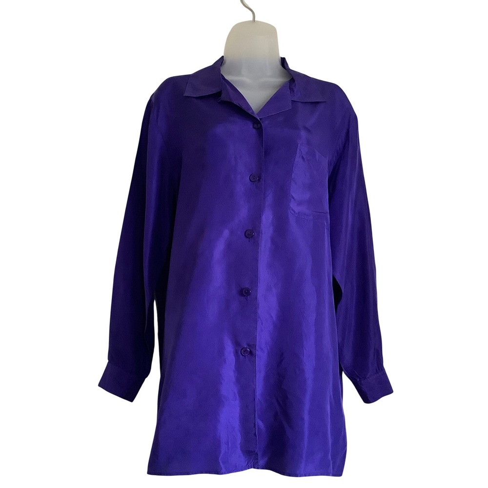 Diane Von Furstenberg DVF Purple 100% Silk Button Down Blouse sz Medium Vintage